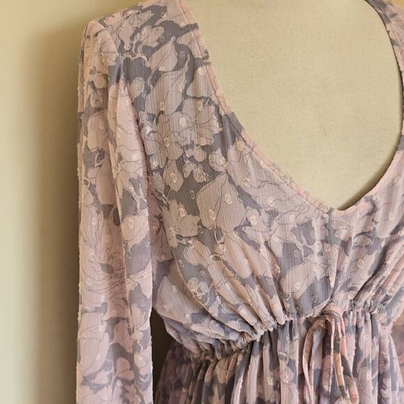 Lovestitch pale pink/ lt grey chiffon long sleeve maxidress, nwot, L - Picture 6 of 10